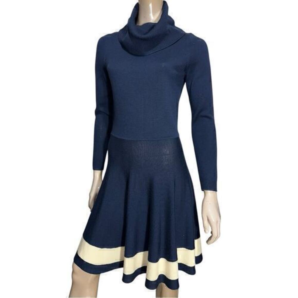 Vineyard Vines Size S Navy Blue Cream Skater Hem Stripe Turtleneck Sweater Dress